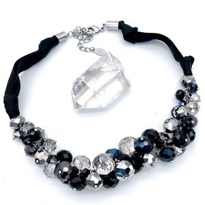 Ali-Khan NY Black+Metallic Crystal Beaded Cluster Collar Statement Necklace